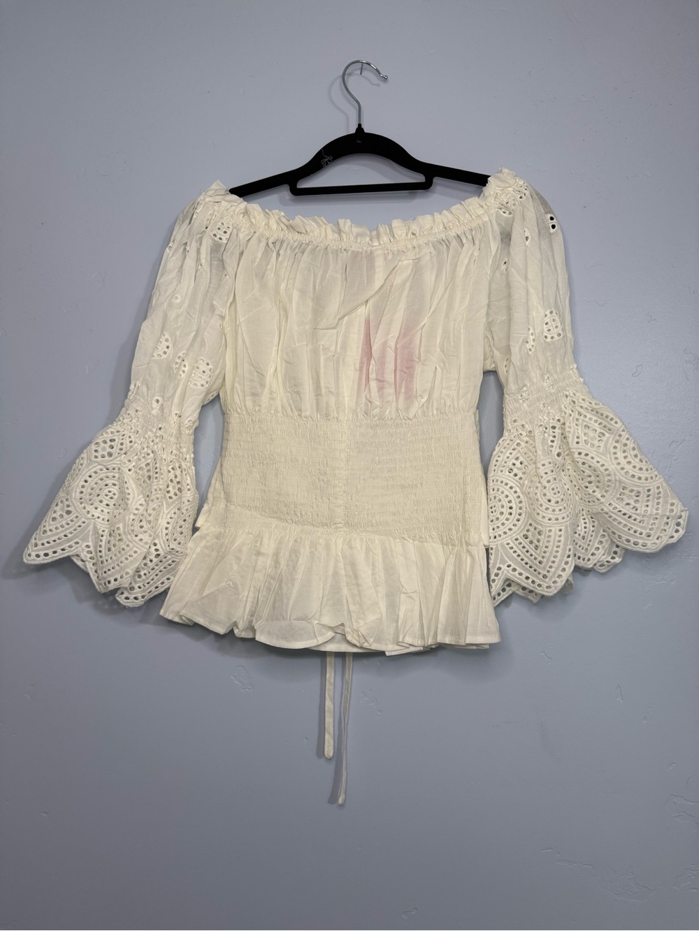 Off-Shoulder Eyelet Peasant Top with Lace-Up Waist Fairycore Boho - Picture 4 of 7